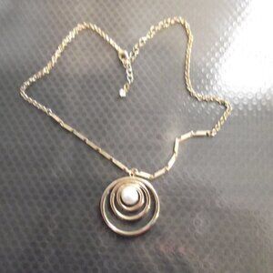 Gold Tone Faux Pearl Triple Circle Necklace 16 Inch